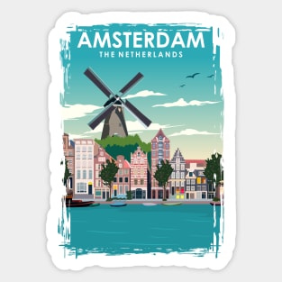 Amsterdam Holland Windmill Travel Poster Sticker